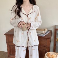 春秋款纯棉睡衣女长袖长裤2024秋季红提花黄花家居服套装