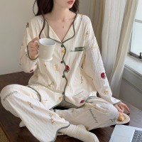 春秋款纯棉睡衣女长袖长裤2024秋季红提花黄花家居服套装