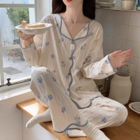 春秋款纯棉睡衣女长袖长裤2024秋季红提花黄花家居服套装