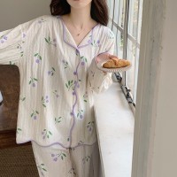 春秋款纯棉睡衣女长袖长裤2024秋季红提花黄花家居服套装