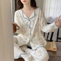 春秋款纯棉睡衣女长袖长裤2024秋季红提花黄花家居服套装