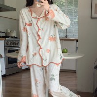 春秋款纯棉睡衣女长袖长裤2024秋季红提花黄花家居服套装