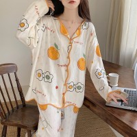 春秋款纯棉睡衣女长袖长裤2024秋季红提花黄花家居服套装