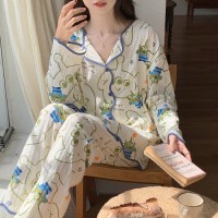 春秋款纯棉睡衣女长袖长裤2024秋季红提花黄花家居服套装