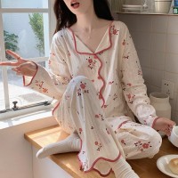 春秋款纯棉睡衣女长袖长裤2024秋季红提花黄花家居服套装