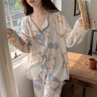 春秋款纯棉睡衣女长袖长裤2024秋季红提花黄花家居服套装