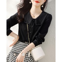 2024春秋季新款通勤简约气质撞色减龄海军领百搭衬衫长袖上衣
