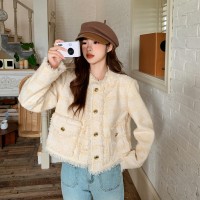 现货春装新款小香风毛边羊毛短外套女H872
