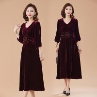 2024新款春秋修身韩版百搭显瘦通勤遮肚子女真丝绒大码连衣裙