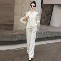 现货小香风提花套装女新款春季盘扣女装减龄漂亮洋气两件套