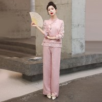 现货小香风提花套装女新款春季盘扣女装减龄漂亮洋气两件套