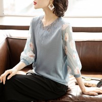 春夏装T恤洋气七分袖针织小衫中老年女装打底上衣服套装