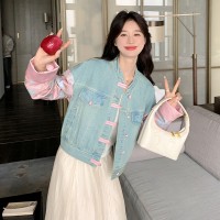 现货2024春季新款牛仔短外套复古风拼接短款牛仔上衣y