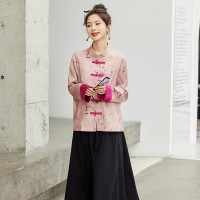 春装粉色新中式外套女新款高档气质提花小衫盘扣上衣唐装