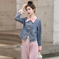 新中式盘扣牛仔拼接外套女春季2024新款小个子短款牛仔外套