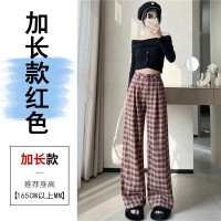 2024春夏款天丝棉红格子休闲裤小个子宽松直筒阔腿裤显瘦拖地长裤