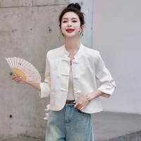 现货新中式短外套女2024新款春装小个子盘扣夹克