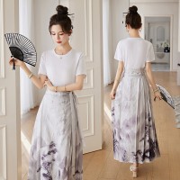 现货新中式套装夏季女装2024年复古马面裙印花高腰半身长裙两件套