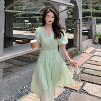 现货夏季短袖肌理纹面料中长款连衣裙女062档口2317款