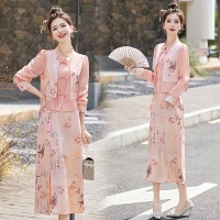 2024年春夏季新款新中式盘扣流苏印花撞色小外套半裙两件套套裙