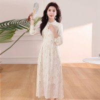 现货2024年春季女民族风盘扣领口修身显瘦气质法式连衣裙