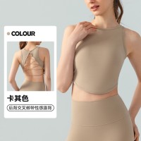 瑜伽背心性感交叉露背固定杯健身上衣跑步外穿纯色无袖瑜伽服
