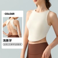 瑜伽背心性感交叉露背固定杯健身上衣跑步外穿纯色无袖瑜伽服
