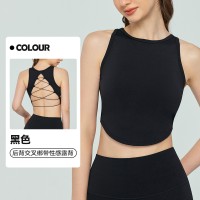 瑜伽背心性感交叉露背固定杯健身上衣跑步外穿纯色无袖瑜伽服