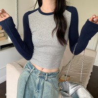 美式撞色正肩长袖t恤女春秋纯棉内搭修身打底衫短款上衣