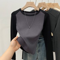 美式撞色正肩长袖t恤女春秋纯棉内搭修身打底衫短款上衣