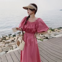 现货夏季短款灯笼袖圆领l露腰连衣裙女062档口2337款