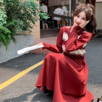 春款灯芯绒假两件连衣裙红色喜气199