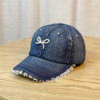 韩版蕾丝花边牛仔棒球帽女大头围显脸小鸭舌帽立体珍珠蝴蝶结帽子