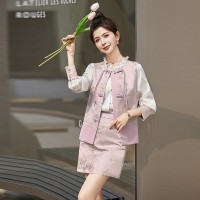 现货新中式套装女春秋新款提花刺绣上衣半裙绣花盘扣洋气三件套