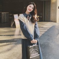 【2024现货】二件套连衣裙配针织学院风送领结199