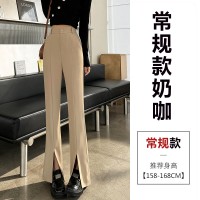 黑色微喇阔腿裤高腰垂感小个子休闲窄版直筒拖地开叉西装裤