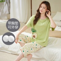 2024新款少女带胸垫纯棉睡衣女夏季短袖七分裤可外穿薄款女士套装