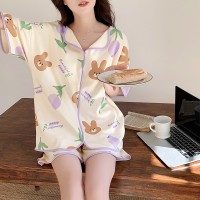 2024夏季棉质印花带胸垫睡衣女短袖短裤可外穿薄款女士家居服