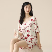 2024莫代尔带胸垫睡衣女夏季薄款短袖外穿女士家居服新款套装