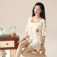 2024莫代尔带胸垫睡衣女夏季薄款短袖外穿女士家居服新款套装