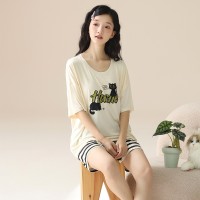2024莫代尔带胸垫睡衣女夏季薄款短袖外穿女士家居服新款套装