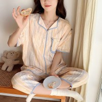 2024夏季棉质小翻领带胸垫睡衣女短袖七分裤可外穿女士家居服