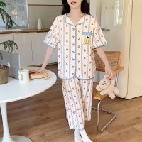 2024夏季棉质小翻领带胸垫睡衣女短袖七分裤可外穿女士家居服