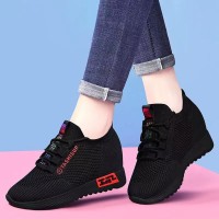 内增高女鞋春季新款飞织网面透气百搭运动休闲鞋布面防滑厚底软底