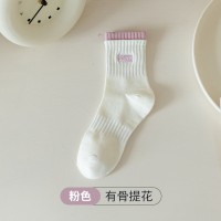 春夏拼接运动袜子女刺绣亲肤透气中筒袜双罗口百搭简约白色袜诸暨