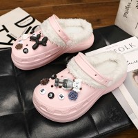 加绒洞洞鞋女秋冬季可爱包头包跟毛毛内胆保暖防滑软底棉拖鞋外穿