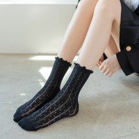 袜子女春夏日系ins潮中筒网袜韩jk蕾丝黑白色花木耳边镂空蹦迪袜