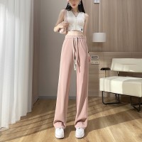白色冰丝窄版阔腿裤针织高腰垂感显瘦休闲小个子直筒长裤子