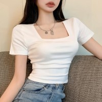 夏季方领白色短袖t恤女潮ins百搭修身显瘦高腰短款露肚脐