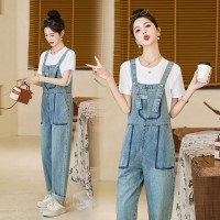 小个子牛仔背带裤套装女2024春夏活泼减龄休闲时尚直筒裤子两件套